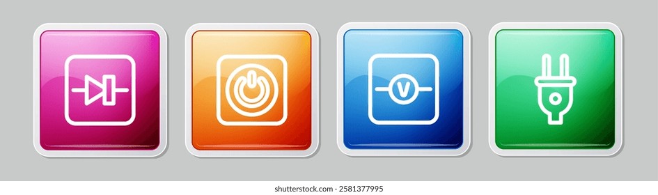 Set line Diode in electronic circuit, Power button, Voltmeter and Electric plug. Colorful square button. Vector