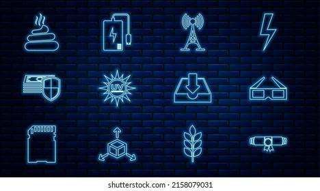 Die Linie Diplom-Rollen, 3D-Kinogläser, Antenne, UV-Schutz, Geld, Schuss, Download-Inbox und Power Bank-Symbol. Vektorgrafik