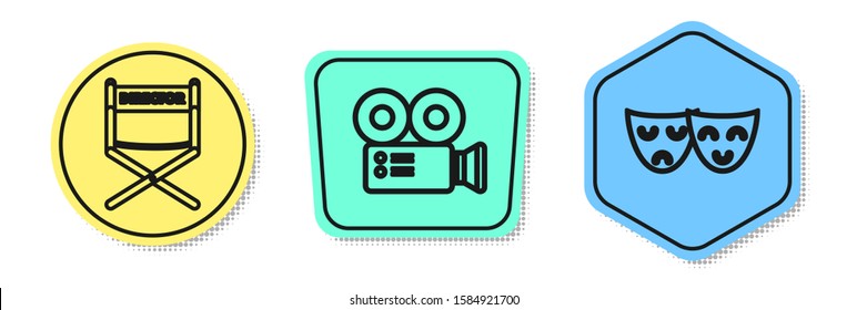 Set Line Director Movie Chair , Cinema Camera  And Comedy And Tragedy Theatrical Masks . Colored Shapes. Vector