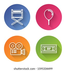 Set line Director movie chair , Balloon with ribbon , Cinema camera  and VHS video cassette tape . Color circle button. Vector