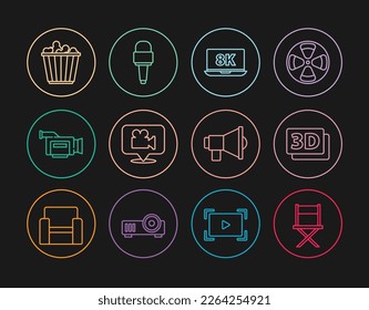 Set line Director movie chair, 3D word, Laptop with 8k, Camera and location, Cinema camera, Popcorn box, Megaphone and Microphone icon. Vector