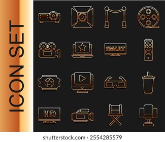 Set line Director movie chair, Paper glass with water, Remote control, Carpet barriers, Laptop star, Cinema camera, Movie, film, media projector and Screen tv Smart video icon. Vector