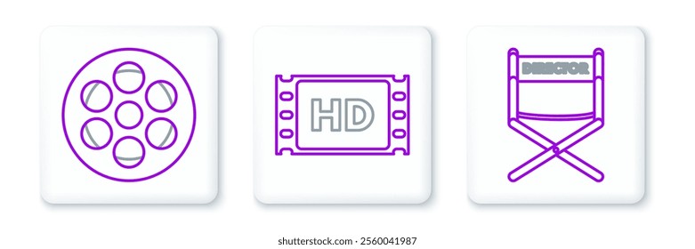 Set line Director movie chair, Film reel and 4k movie, tape, frame icon. Vector