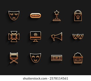 Set line Director movie chair, Comedy theatrical mask, Drama, VHS video cassette tape, Popcorn in cardboard box, Online play, and tragedy masks and Megaphone icon. Vector