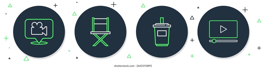 Set line Director movie chair, Paper glass with water, Camera and location and Online play video icon. Vector