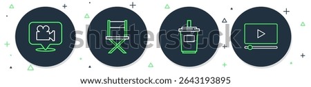 Set line Director movie chair, Paper glass with water, Camera and location and Online play video icon. Vector