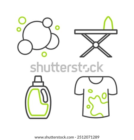 Set line Dirty t-shirt, Bottle for cleaning agent, Iron and ironing board and Soap water bubbles icon. Vector