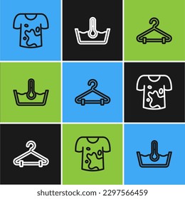 Set line Dirty t-shirt, Hanger wardrobe and Temperature wash icon. Vector