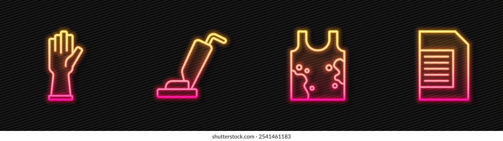 Set line Dirty t-shirt, Rubber gloves, Vacuum cleaner and Laundry detergent. Glowing neon icon. Vector