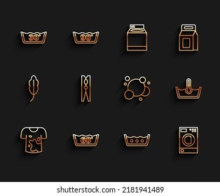 Ponga en línea la camiseta sucia, el lavado de temperatura, el lavaparabrisas, el pasador de ropa y el icono de burbujas de agua de jabón. Vector