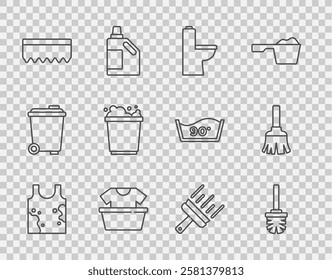 Set line Dirty t-shirt, Toilet brush, bowl, Basin with, Sponge, Bucket foam, Rubber cleaner for windows and Feather broom icon. Vector