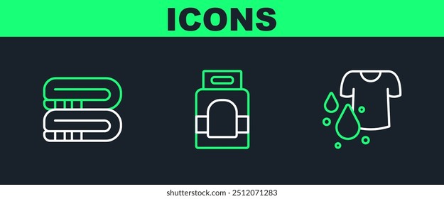 Set line Dirty t-shirt, Towel stack and Laundry detergent icon. Vector