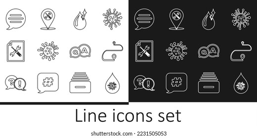 Set line Dirty water drop, Route location, Clean, Bacteria, File document service, Speech bubble chat, Question and Answer and Location icon. Vector
