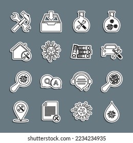 Set line Dirty water drop, Microorganisms under magnifier, Car service, Bioengineering, Bacteria, House, Crossed hammer and wrench and Office folders icon. Vector