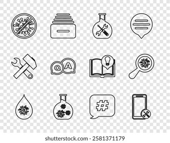 Set line Dirty water drop, Mobile service, Bioengineering, Test tube with virus, Stop virus, bacteria, Question and Answer, Hashtag speech bubble and Microorganisms under magnifier icon. Vector