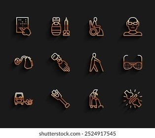 Coche para discapacitados, pierna de prótesis, braille, abuela, dolor en las articulaciones, dolor de rodilla, mano, gafas ciegas e icono de palo de sujeción humana. Vector