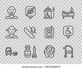 Set line Disabled car, Walker, Elevator for disabled, Syringe, Head of deaf and dumb, elevator, Hearing aid and wheelchair icon. Vector