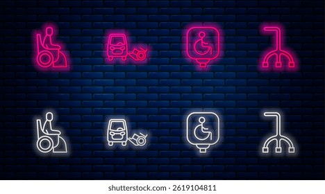 Set line Disabled car, wheelchair, Woman in and Walking stick cane. Glowing neon icon on brick wall. Vector