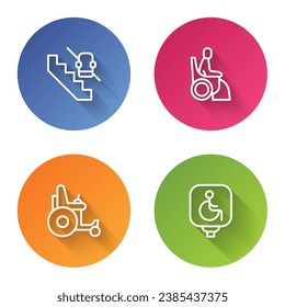 Set line Disabled elevator, Woman in wheelchair, Electric and . Color circle button. Vector