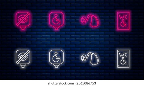 Set line Disabled wheelchair, Hearing aid, Blindness and Separated toilet for disabled. Glowing neon icon on brick wall. Vector