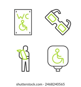 Set line Disabled wheelchair, Human broken arm, Eyeglasses and Separated toilet for disabled icon. Vector