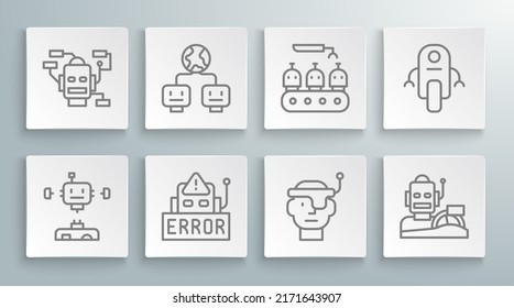 Set line Disassembled robot, Artificial intelligence, Error, Smart glasses, Robot humanoid driving car, Industrial production of robots,  and  icon. Vector