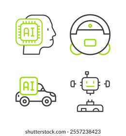 Set line Disassembled robot, Autonomous smart car, Robot vacuum cleaner and Humanoid icon. Vector