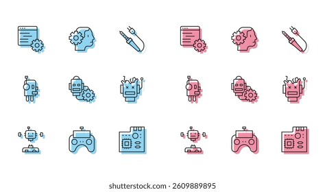 Set line Disassembled robot, Remote control, Computer api interface, Motherboard digital chip, Robot setting, Broken,  and Humanoid icon. Vector