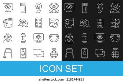 Set line Disco ball, Adult diaper, Domino, Hearing aid, Grandfather, Socks,  and Pills blister pack icon. Vector