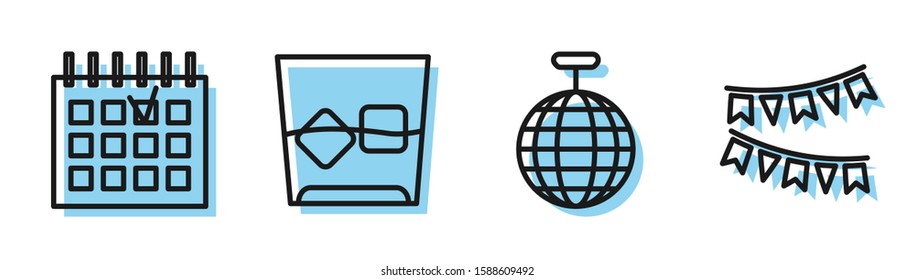 Set line Disco ball , Detailed calendar , Glass of whiskey and ice cubes  and Carnival garland with flags  icon. Vector