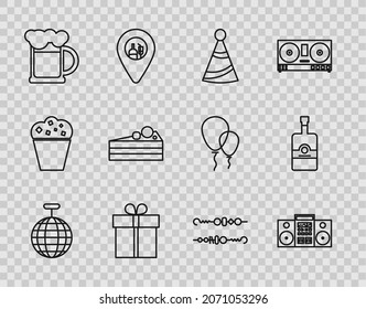 Set line Disco ball, Home stereo with two speakers, Party hat, Gift box, Wooden beer mug, Cake, Grilled shish kebab and Whiskey bottle icon. Vector
