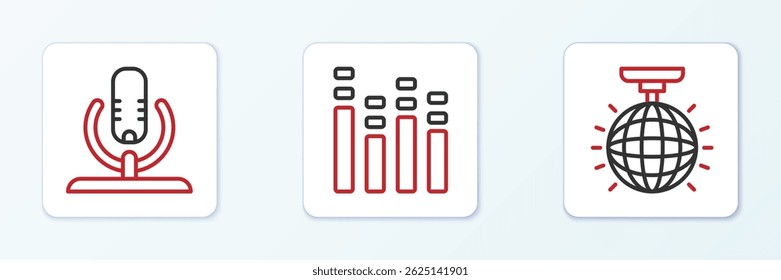 Set line Disco ball, Microphone and Music equalizer icon. Vector