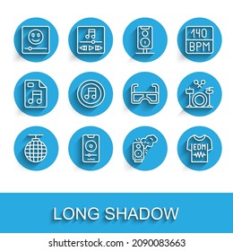 Set line Disco ball, Music player, Stereo speaker, T-shirt, note, tone, Drums and Glasses icon. Vector