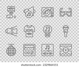 Set line Disco ball, Music wave equalizer, Vinyl player with vinyl disk, Drum machine, recording studio, T-shirt,  and Microphone icon. Vector