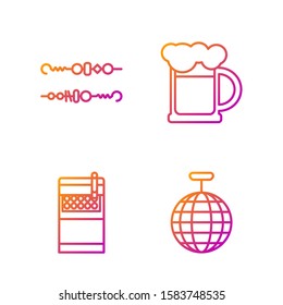 Set line Disco ball , Open cigarettes pack box , Grilled shish kebab and Wooden beer mug . Gradient color icons. Vector