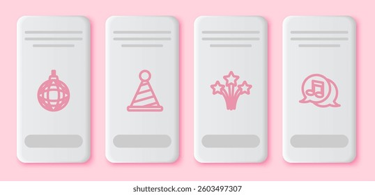 Set line Disco ball, Party hat, Firework and Musical note in speech bubble. White rectangle button. Vector
