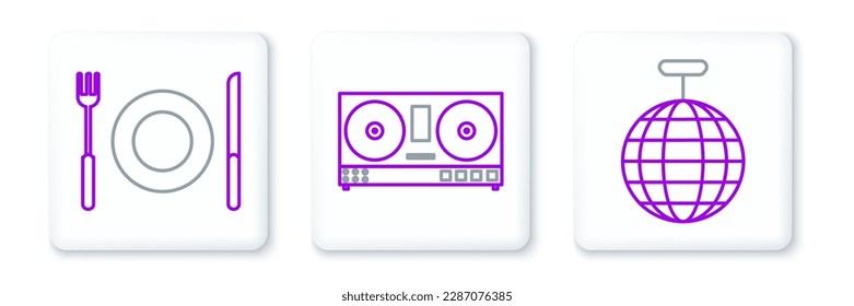 Set line Disco ball, Plate, fork and knife and DJ remote playing mixing music icon. Vector