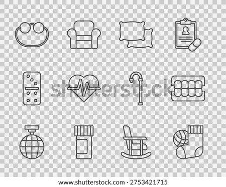Set line Disco ball, Socks, Pillow, Medicine bottle and pills, Eyeglasses, Heart rate, Rocking chair and False jaw icon. Vector