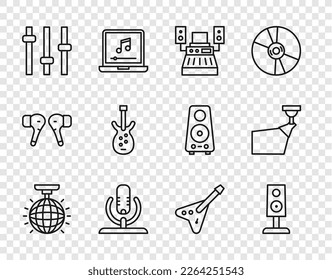 Set line Disco ball, Stereo speaker, Music recording studio, Microphone, equalizer, Electric bass guitar,  and Movie spotlight icon. Vector