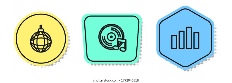 Set line Disco ball, Vinyl disk and Music equalizer. Colored shapes. Vector