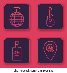 Set line Disco ball , Whiskey bottle , Guitar  and Alcohol or beer bar location . Blue square button. Vector