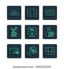 Set line Discount card with percent, tag, Stacks paper money cash, Percent discount and monitor, Dollar plant, Gold bars and Money bag coin icon. Vector