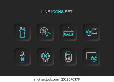 Set line Discount card with percent, POS terminal, tag, Location cardboard box, Hanging sign text Sale,  and Woman dress icon. Vector