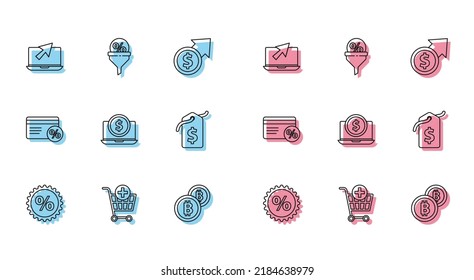 Set line Discount percent tag, Add to Shopping cart, Laptop and cursor, Cryptocurrency coin Bitcoin, with dollar, Price, card and Lead management icon. Vector