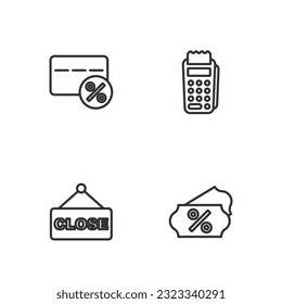 Set line Discount percent tag, Hanging sign with text Closed, card and POS terminal icon. Vector