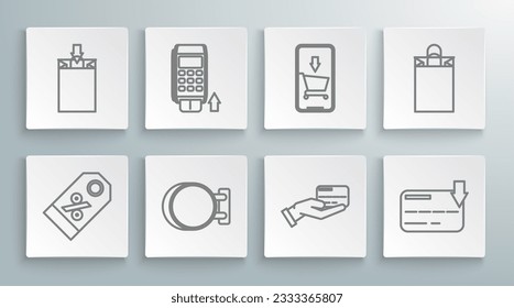 Set line Discount percent tag, Pos terminal with inserted credit card, Signboard hanging, Human hand holding, Credit, Mobile phone shopping cart, Paper bag and  icon. Vector