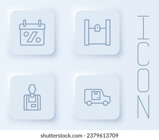 Set line Discount percent tag, Paper shopping bag, Seller and Delivery cargo truck. White square button. Vector
