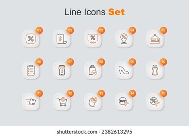 Set line Discount percent tag, Buy button, Add Shopping cart, Location with cardboard box, Woman dress, shoe and Paper shopping bag icon. Vector