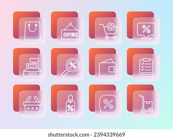 Set line Discount percent tag, Wallet, Magnifying glass with, Add to Shopping cart, Paper shopping bag and Hanging sign text Open icon. Vector