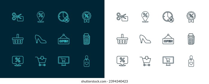 Set line Discount percent tag, Add to Shopping cart, Hanging sign with text Open, on monitor, Woman shoe, Clock and discount, Scissors cuts coupon and Location icon. Vector